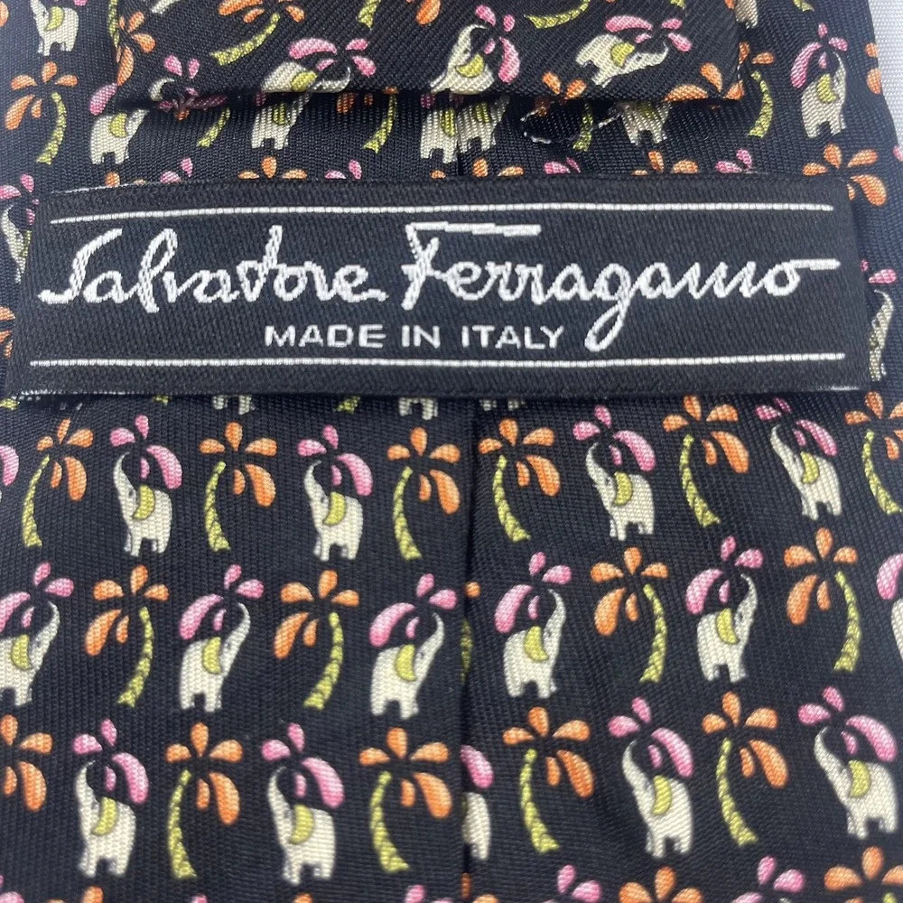 Salvatore Ferragamo Black Silk Elephant Palm Tree Print Tie 3.5 Width Mens